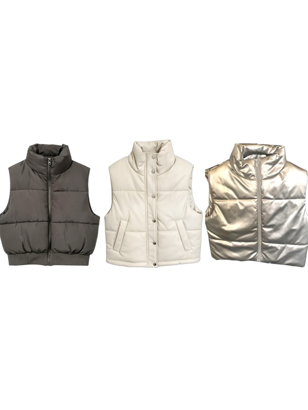 Forever 21 Cropped Puffer Vest Bundle Set of 3 - Silver Cream Black (XS-S)